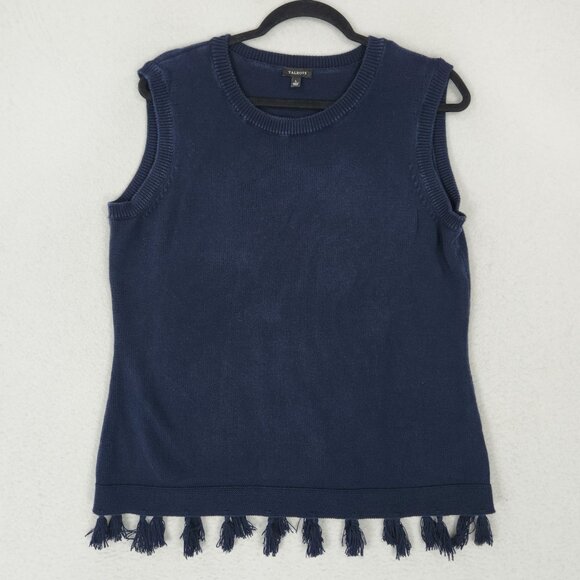 Talbots Sweaters - Talbots Sweater Womens Large Navy Blue 100% Cotton Fringe Hem Sleeveless Knit